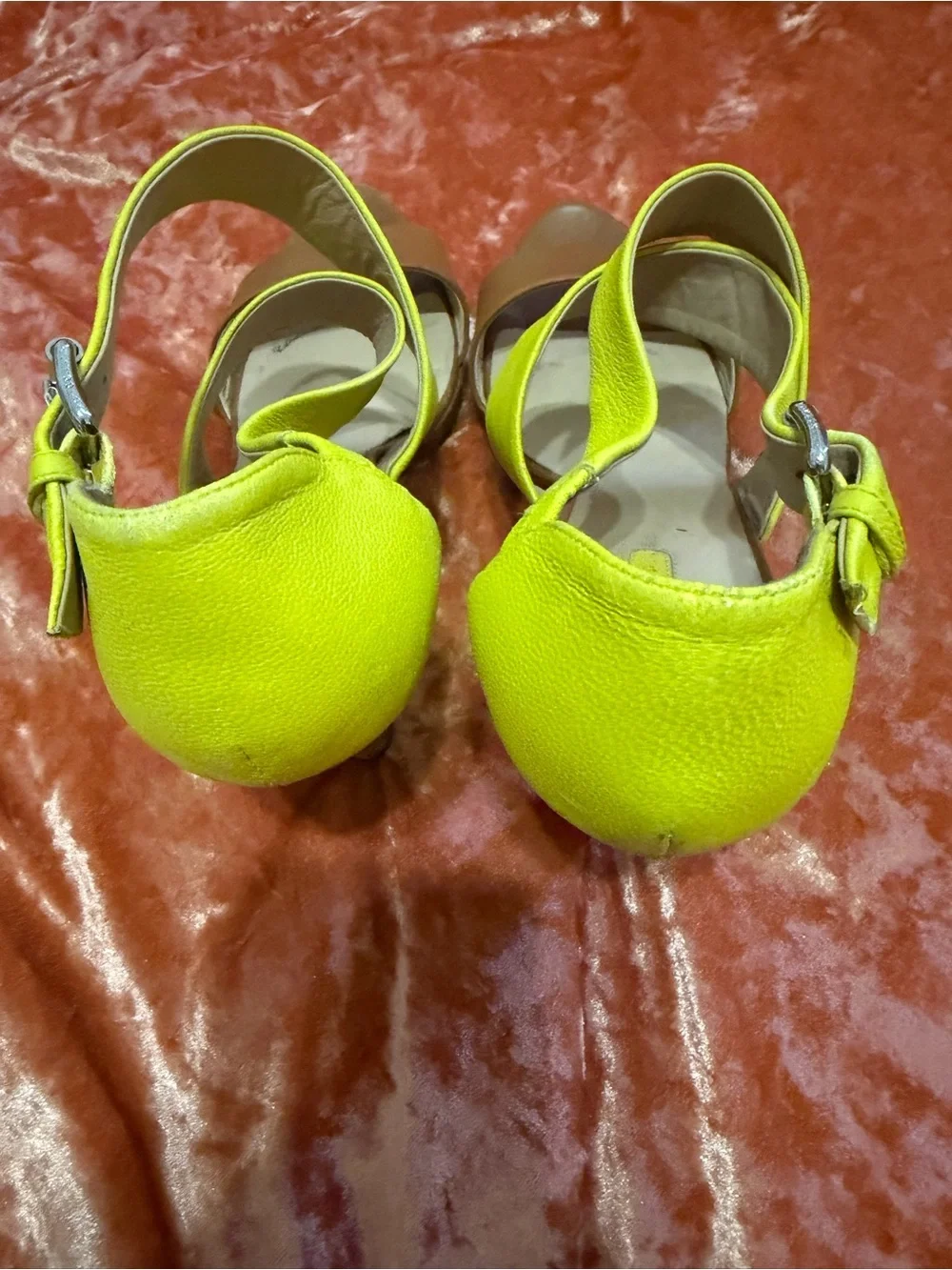 Longchamp Le Pliage Cuir Neon Yellow and Brown High Heel Sandals - Size 9.5/ 41